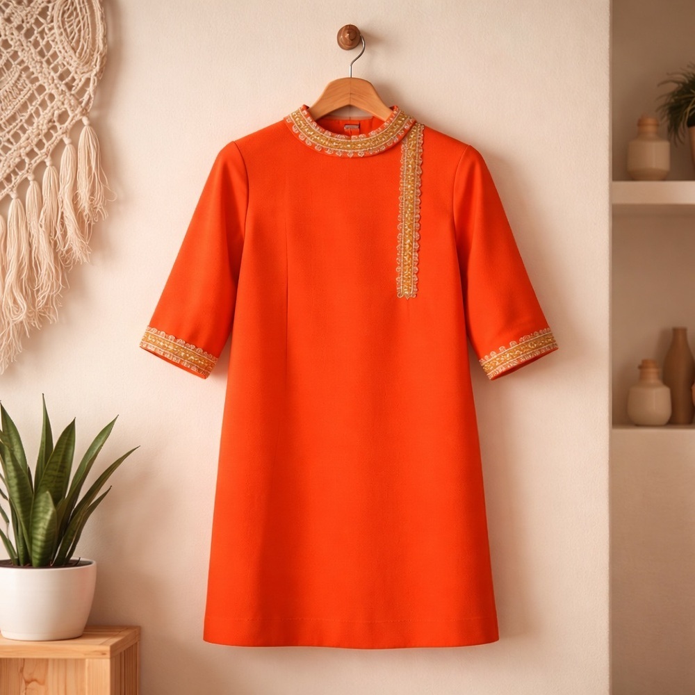 Vintage Chic Orange Midi Dress with Gold & White Embellishment